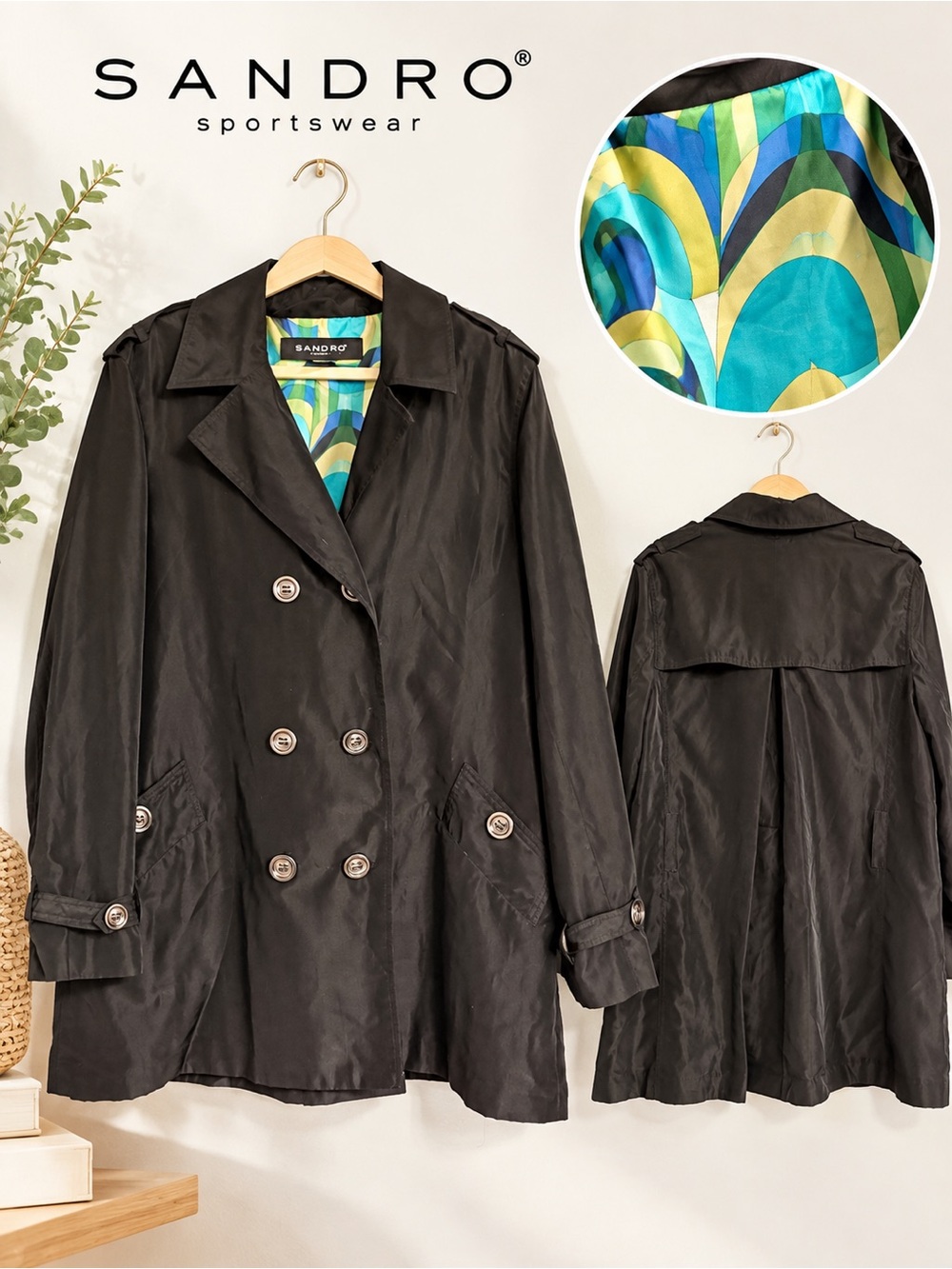Sandro Sportswear Forever Black Double Breasted Trench Coat Jacket Size 20